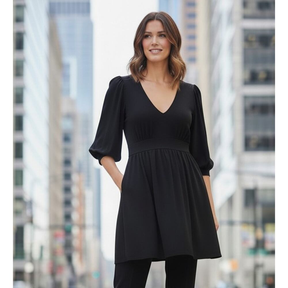 Banana Republic Stretch Tunic Long Top Sz‎ M BLACK Puff Sleeve V-Neck Barbiecore